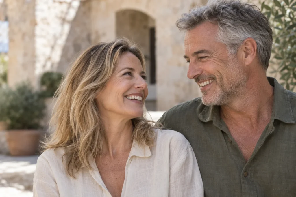 A naturally smiling couple in a warm Mediterranean setting